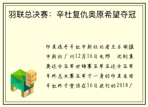 羽联总决赛：辛杜复仇奥原希望夺冠